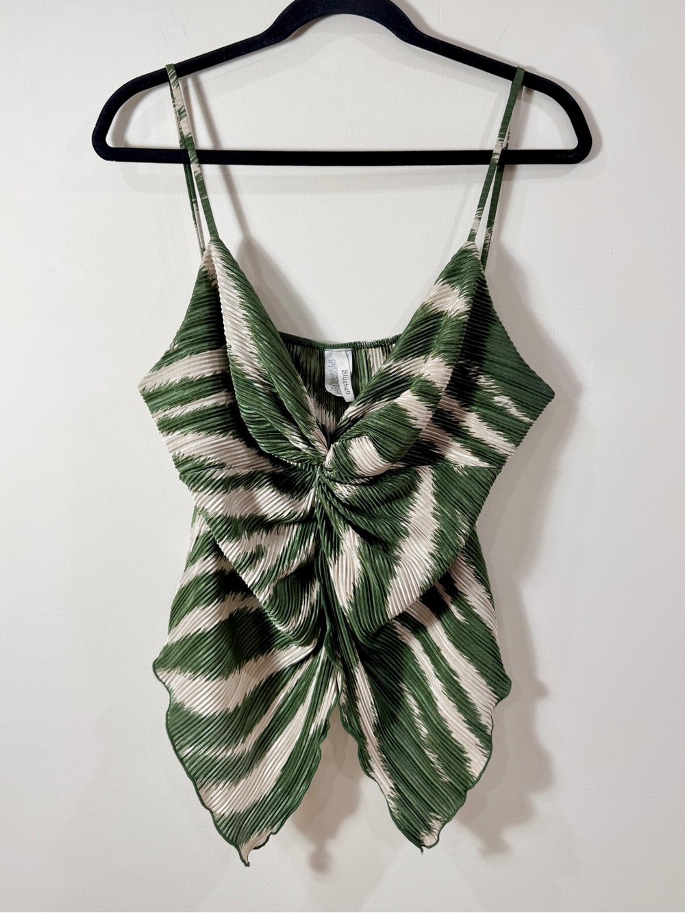 Vintage Zebra Print Twist Front Pleated Cami Olive Beige Crop Top 1XL Y2K